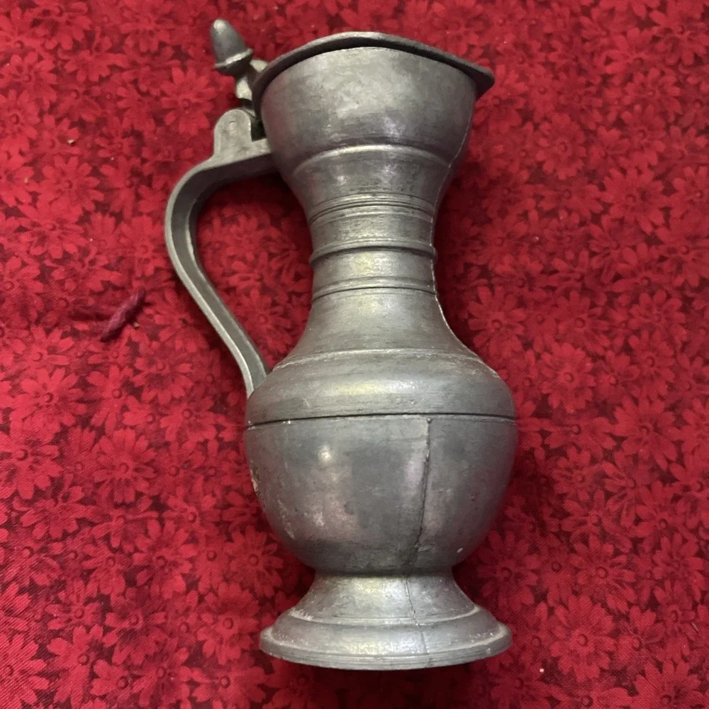 Vintage German Pewter Pitcher With Lid Stamped On The Bottom Stands 5 Inches‎